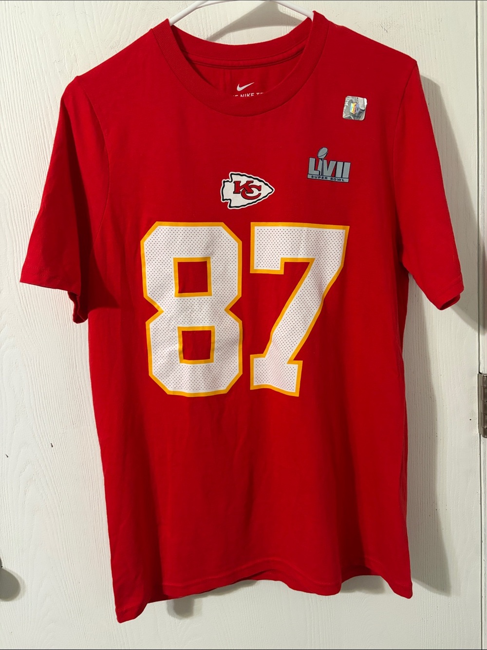 Nike Kansas City Chiefs Kelce #87 Short-Sleeve Red Tee Super Bowl LVII Womens XL